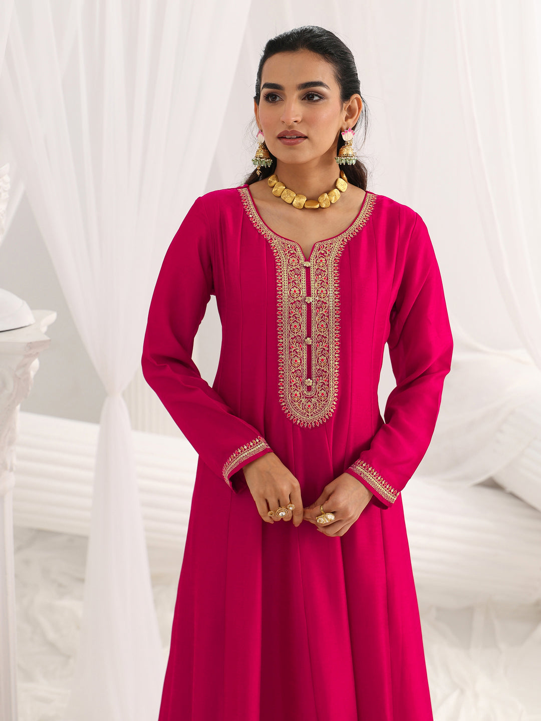 Pink Embroidered Silk A-Line Gown With Dupatta