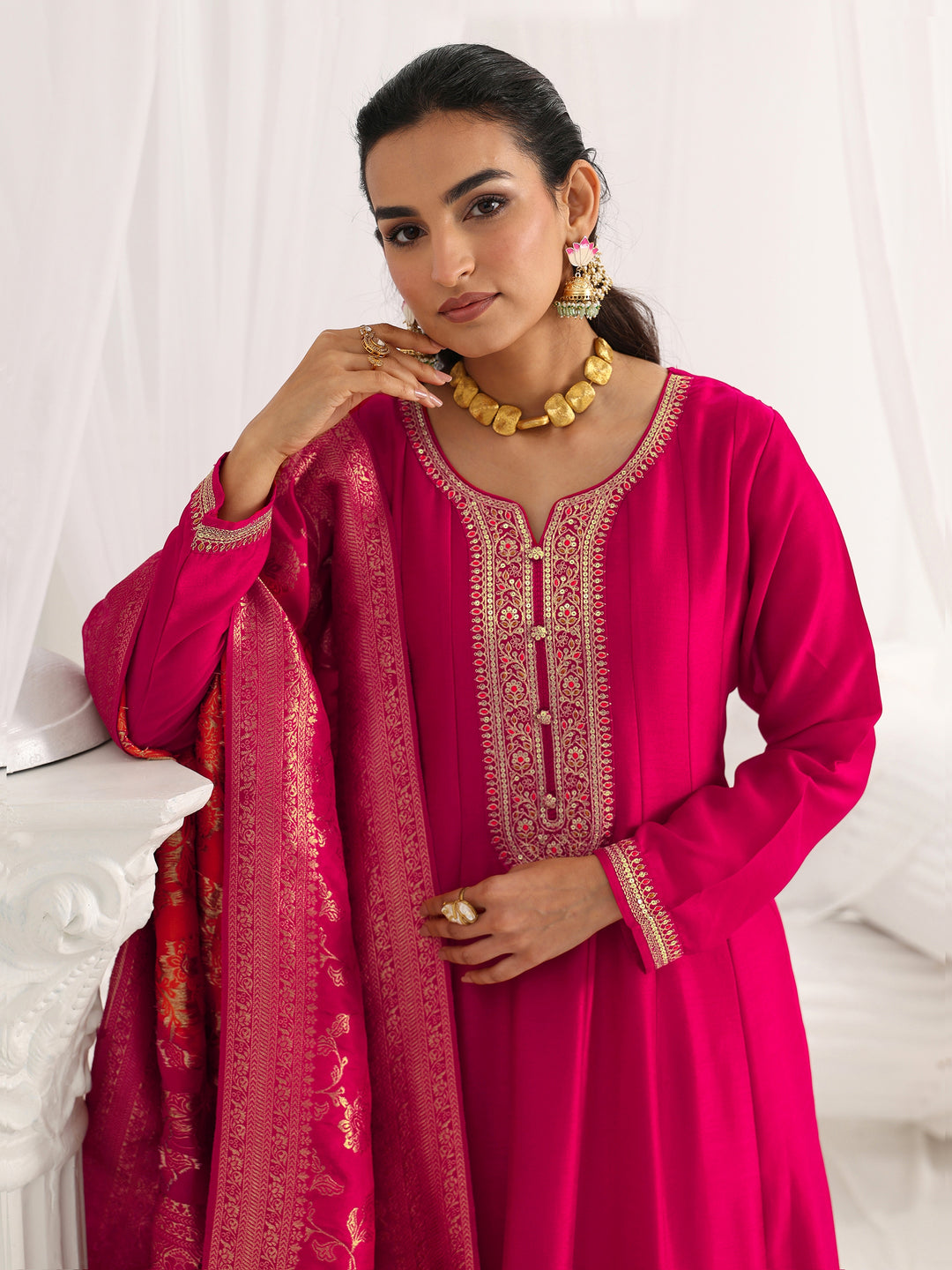 Pink Embroidered Silk A-Line Gown With Dupatta