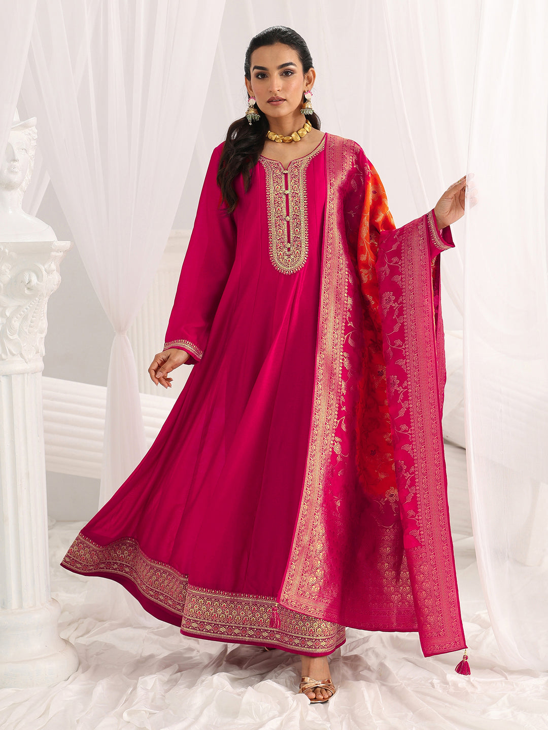 Pink Embroidered Silk A-Line Gown With Dupatta