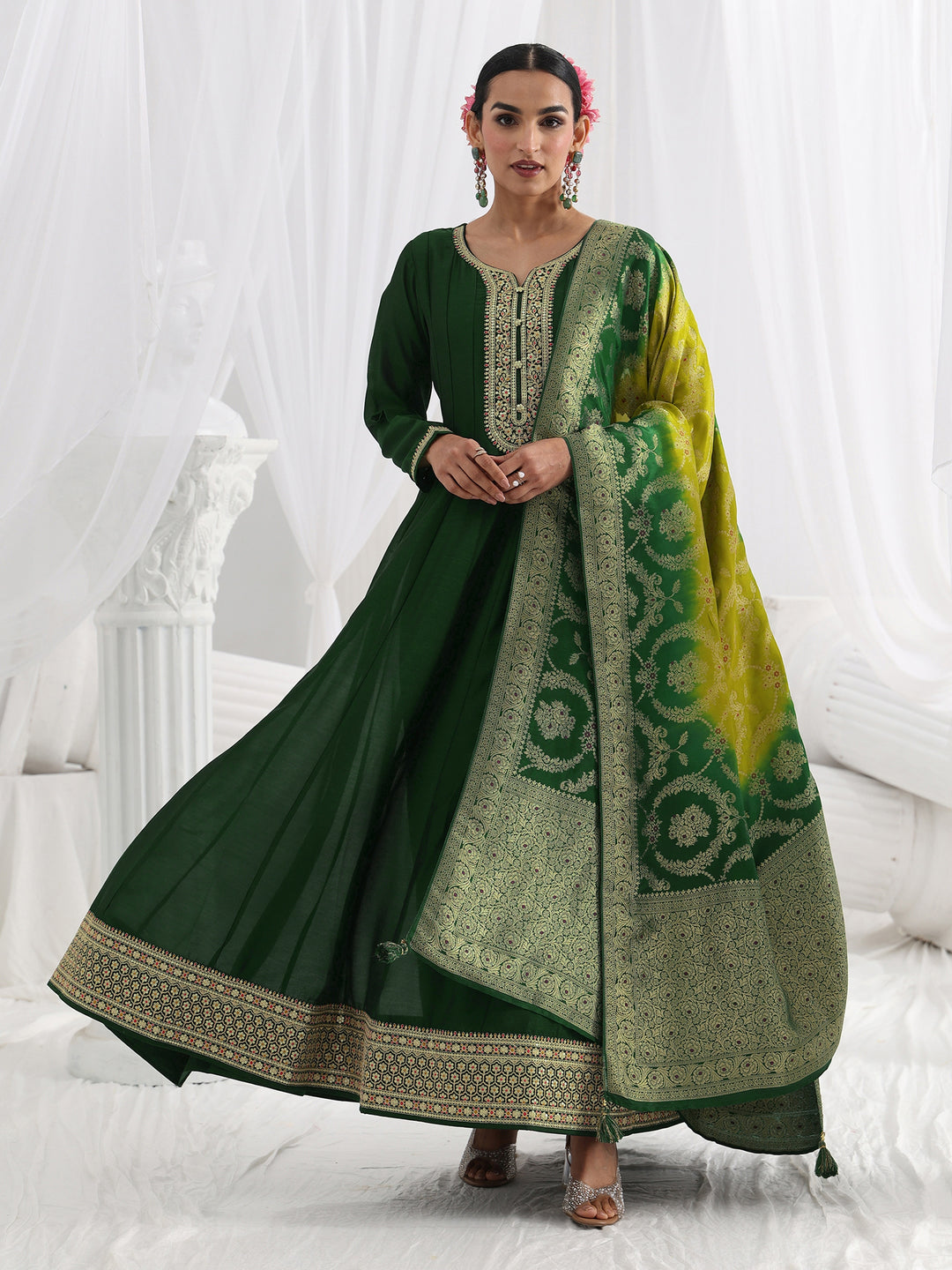 Green Embroidered Silk A-Line Gown With Dupatta