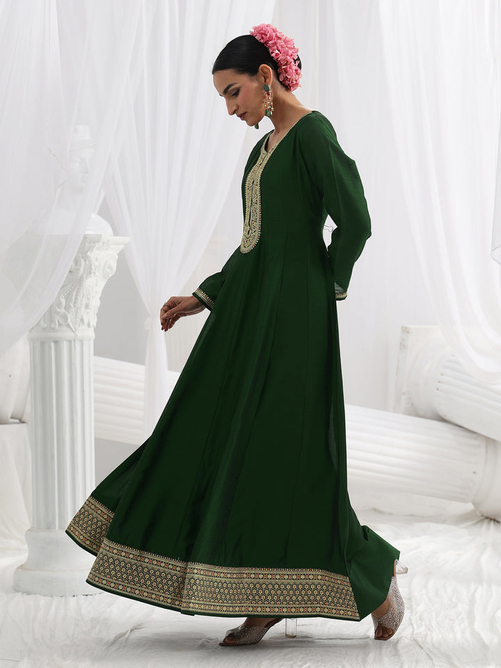 Green Embroidered Silk A-Line Gown With Dupatta