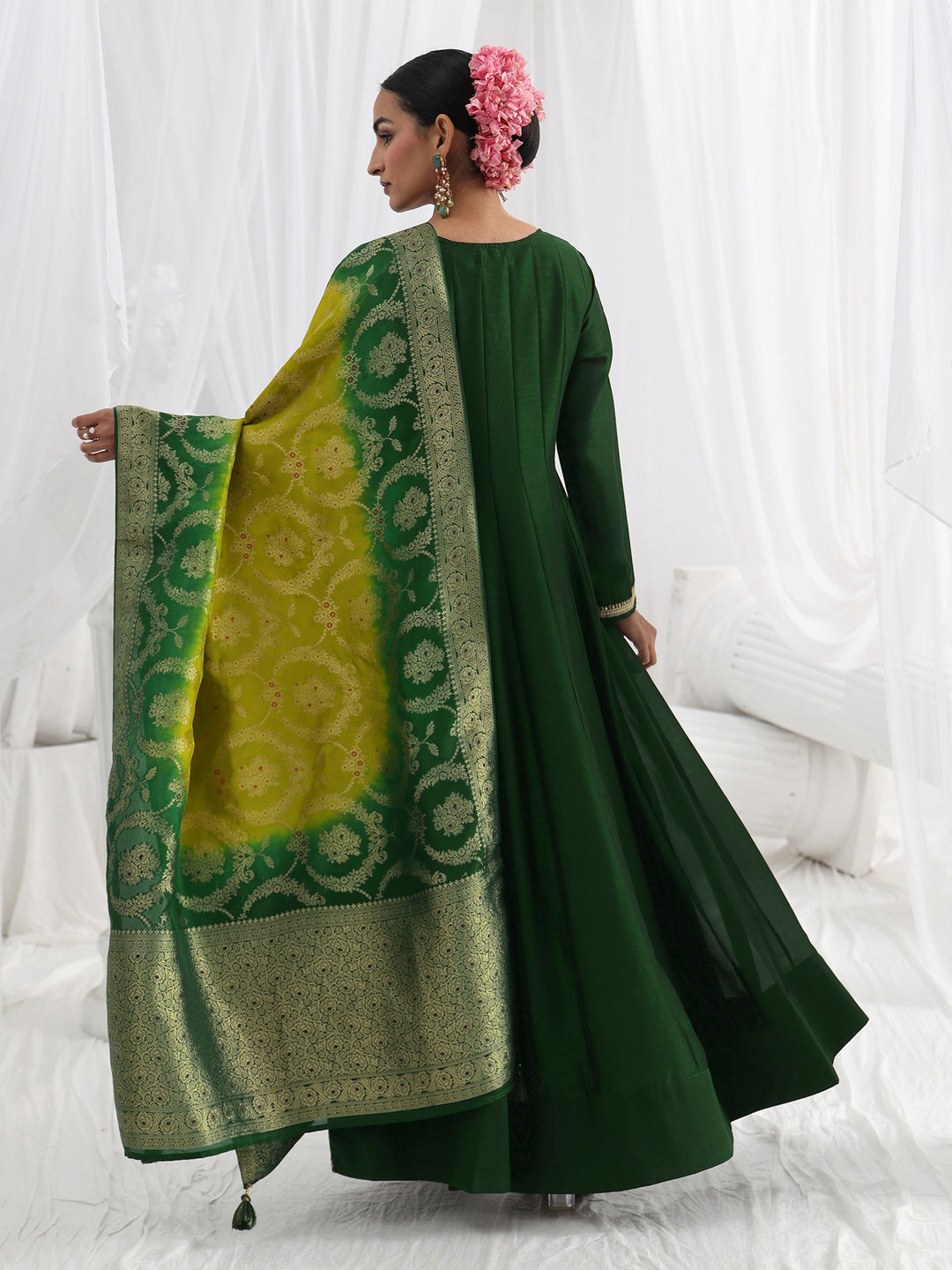 Green Embroidered Silk A-Line Gown With Dupatta