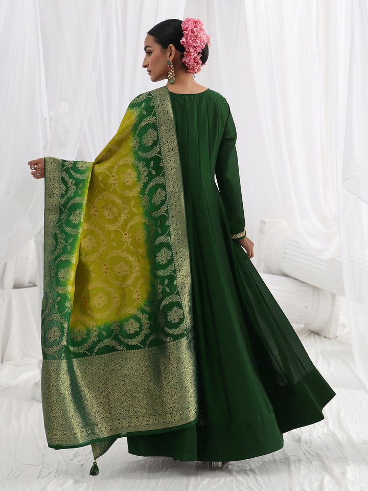 Green Embroidered Silk A-Line Gown With Dupatta