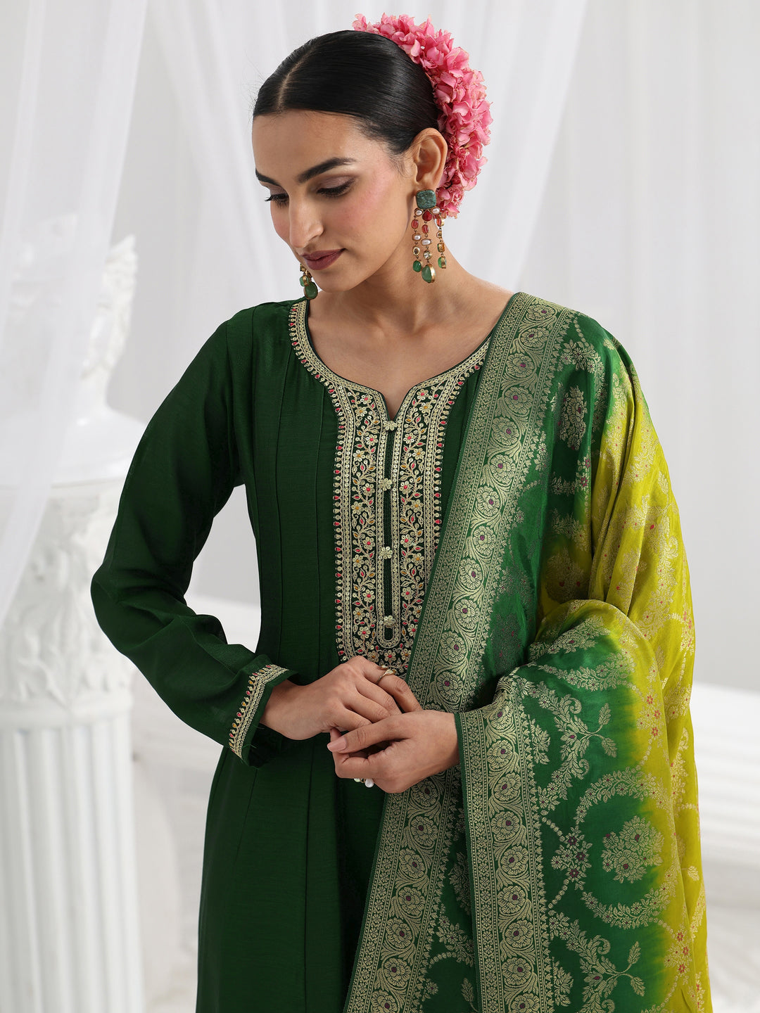 Green Embroidered Silk A-Line Gown With Dupatta
