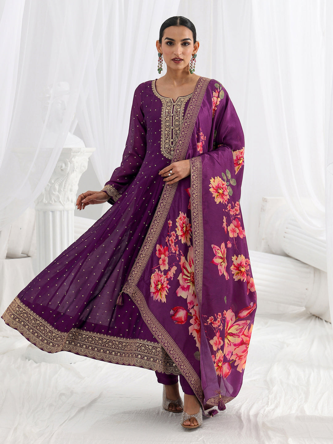 Purple Printed Silk Blend A-Line Suit Set With Dupatta