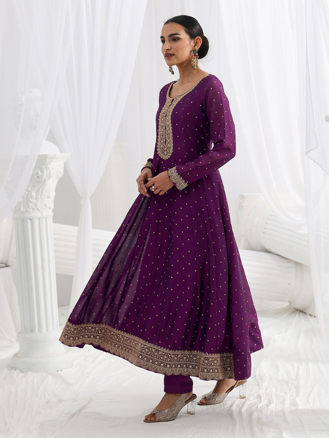 Purple Printed Silk Blend A-Line Suit Set With Dupatta