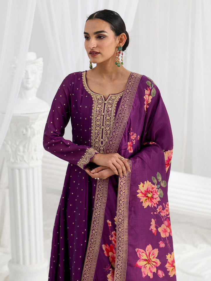 Purple Printed Silk Blend A-Line Suit Set With Dupatta
