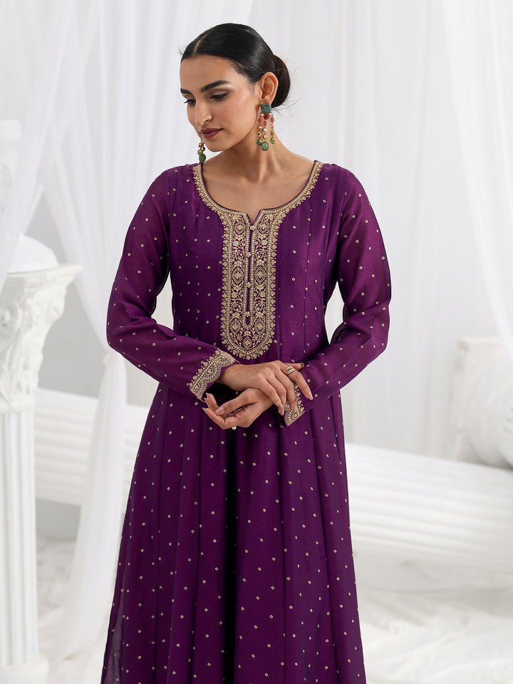 Purple Printed Silk Blend A-Line Suit Set With Dupatta