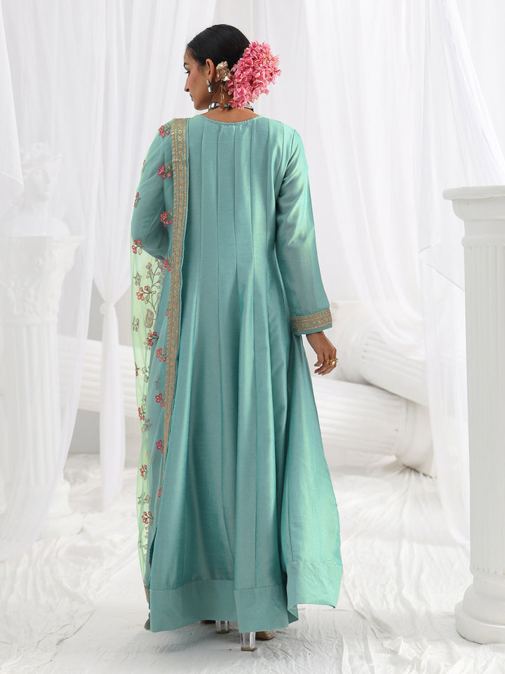 Blue Embroidered Silk A-Line Gown With Dupatta