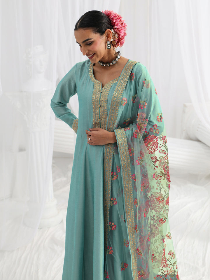 Blue Embroidered Silk A-Line Gown With Dupatta