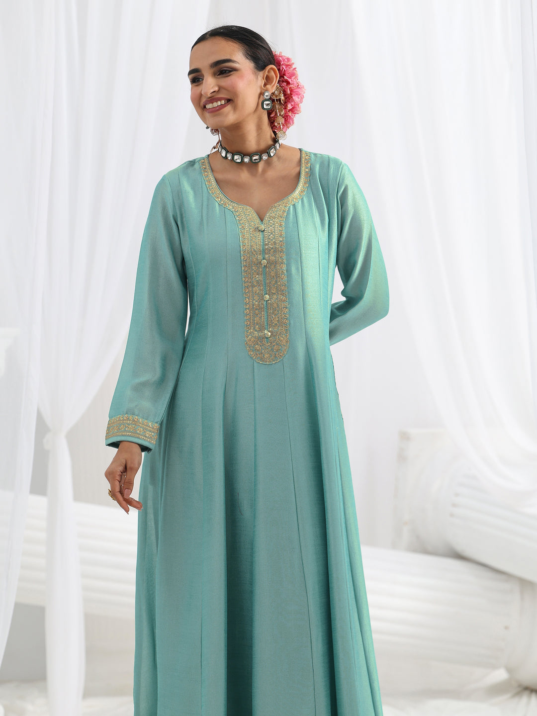 Blue Embroidered Silk A-Line Gown With Dupatta