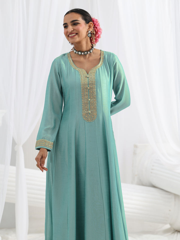 Blue Embroidered Silk A-Line Gown With Dupatta