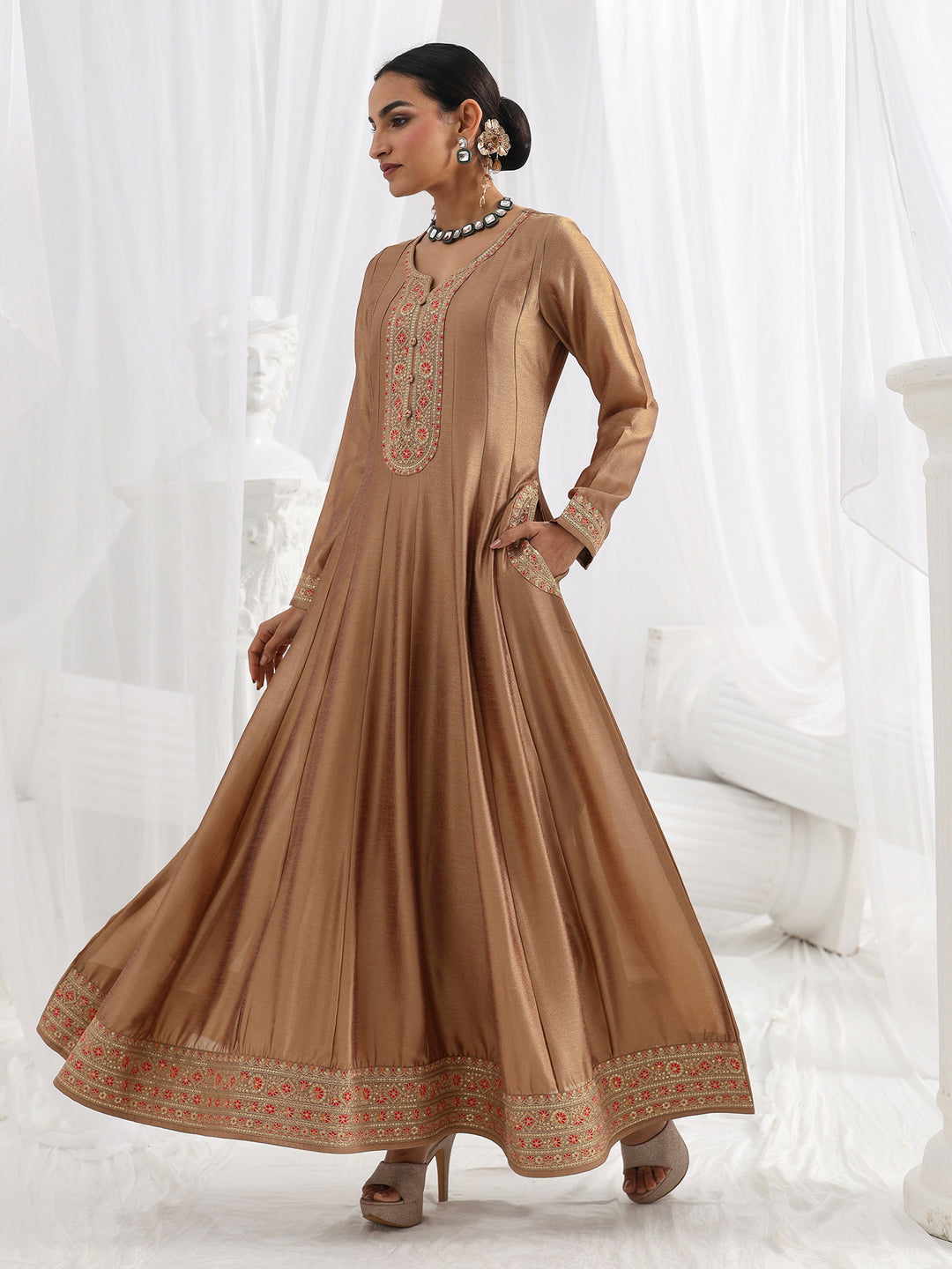 Mauve Embroidered Silk A-Line Gown With Dupatta