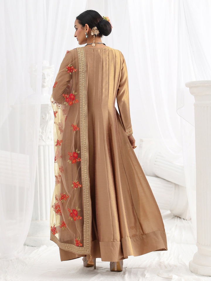 Mauve Embroidered Silk A-Line Gown With Dupatta