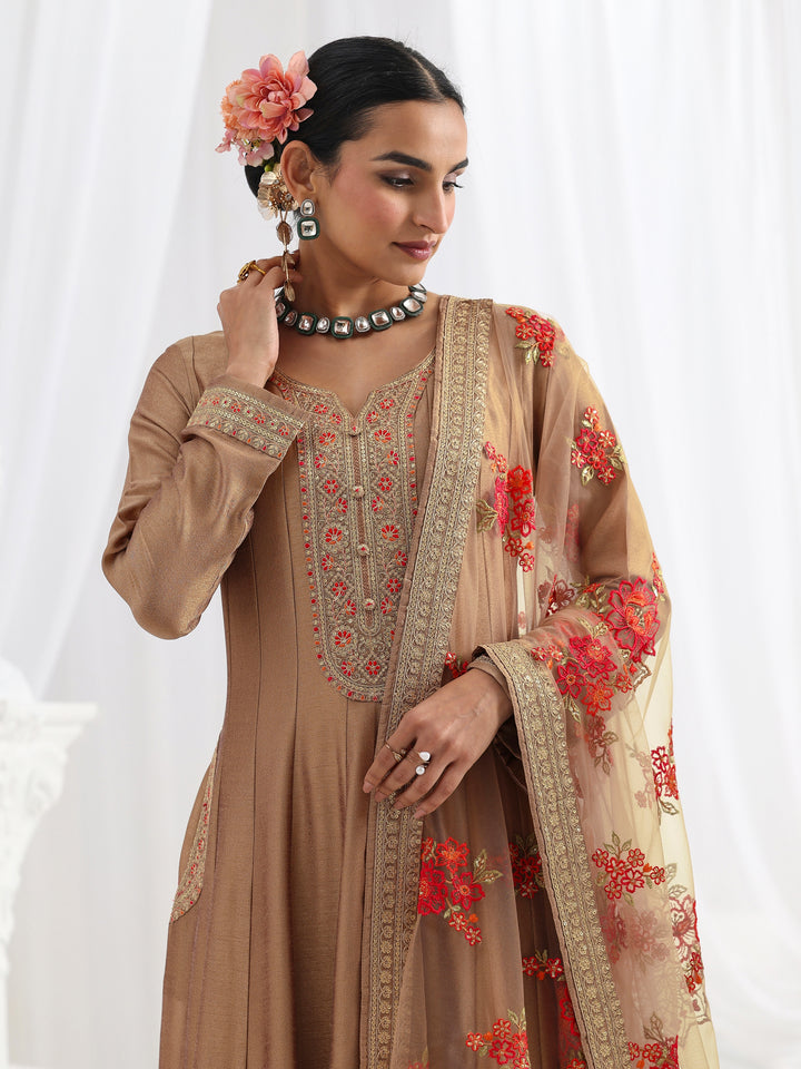 Mauve Embroidered Silk A-Line Gown With Dupatta