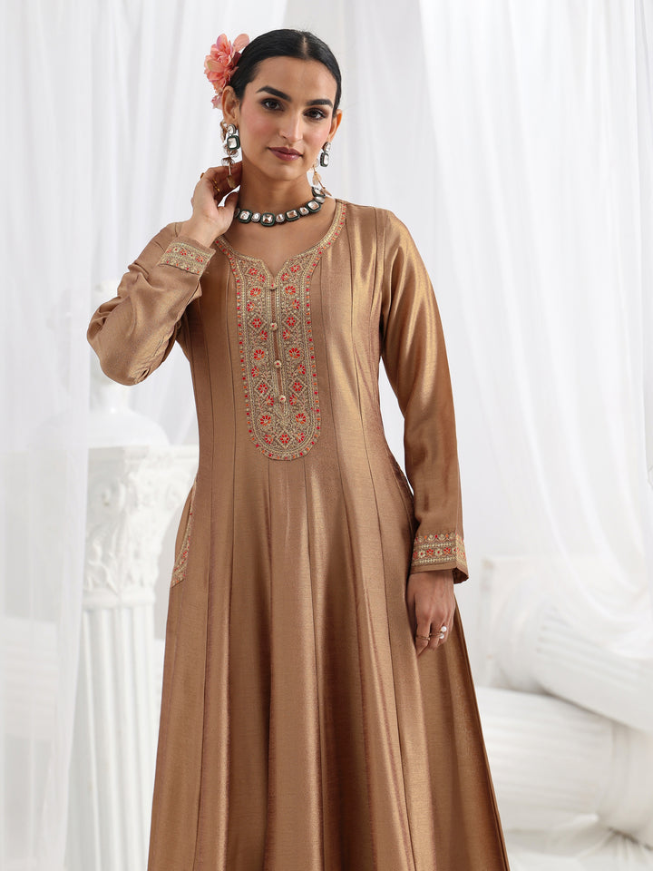 Mauve Embroidered Silk A-Line Gown With Dupatta