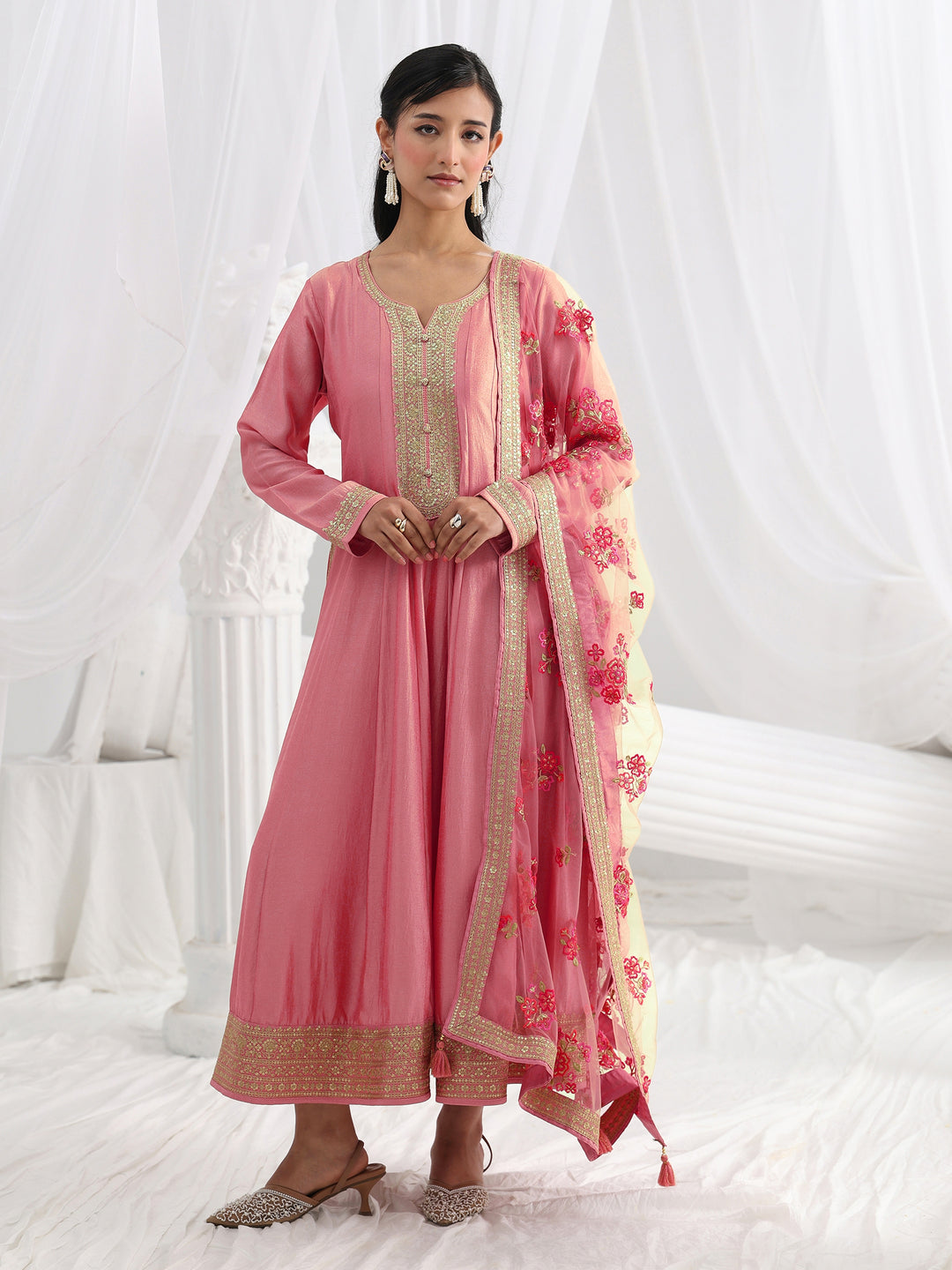 Pink Embroidered Silk A-Line Gown With Dupatta