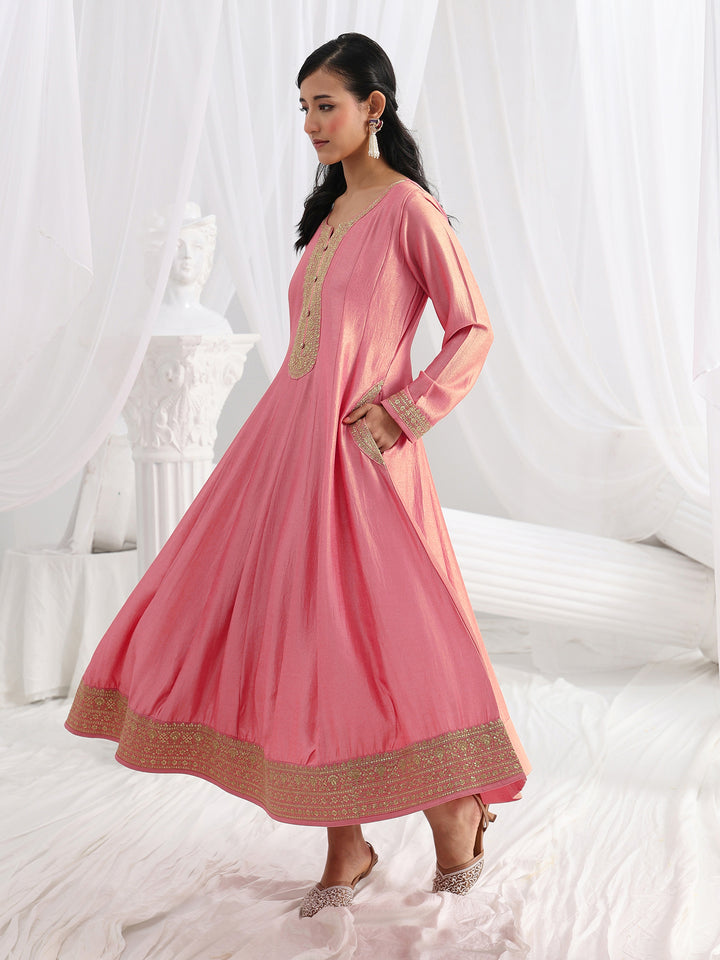 Pink Embroidered Silk A-Line Gown With Dupatta