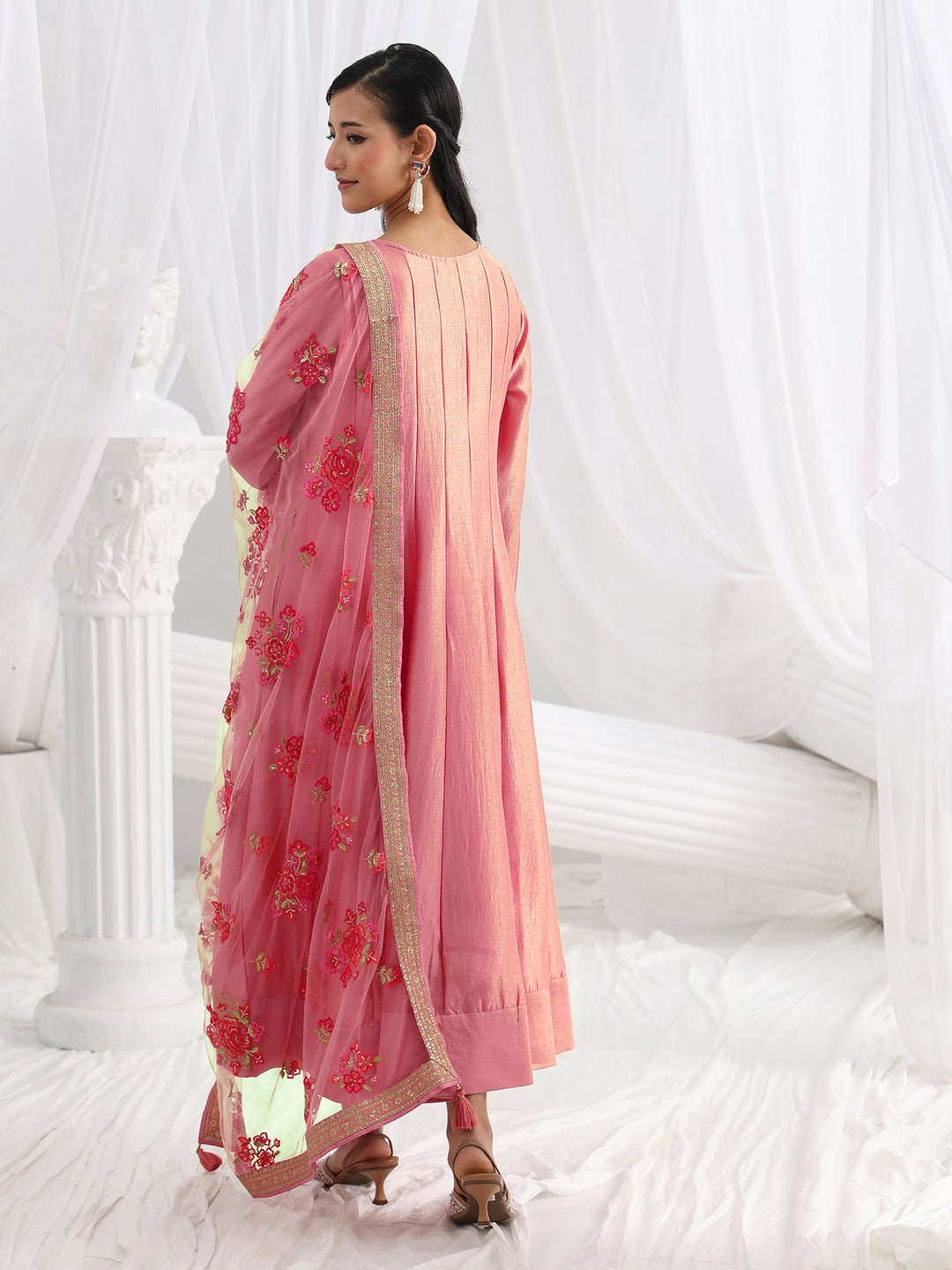 Pink Embroidered Silk A-Line Gown With Dupatta