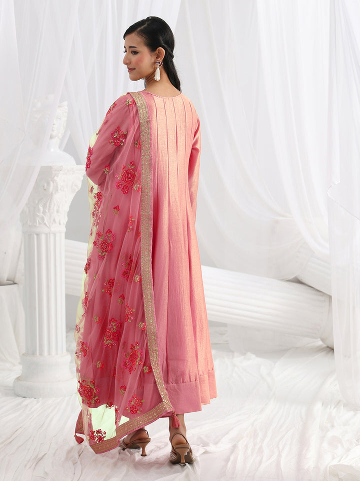 Pink Embroidered Silk A-Line Gown With Dupatta
