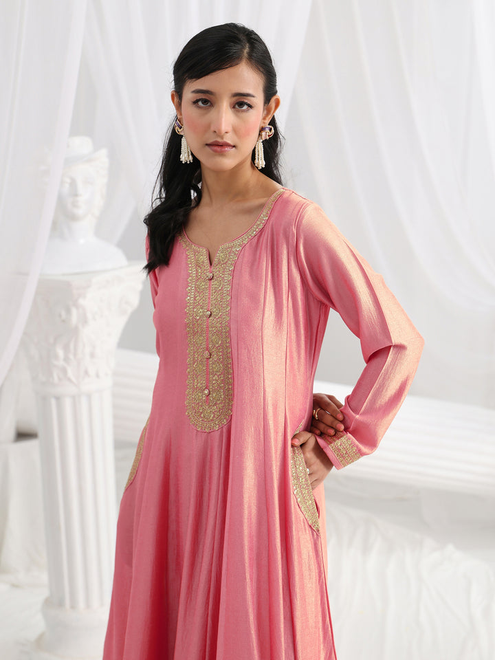 Pink Embroidered Silk A-Line Gown With Dupatta