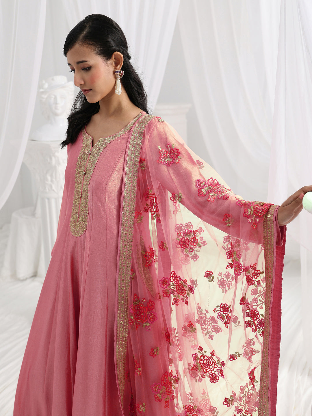 Pink Embroidered Silk A-Line Gown With Dupatta