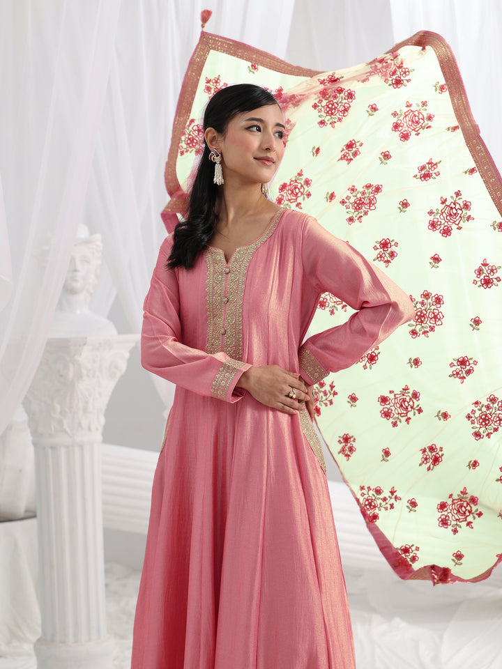 Pink Embroidered Silk A-Line Gown With Dupatta