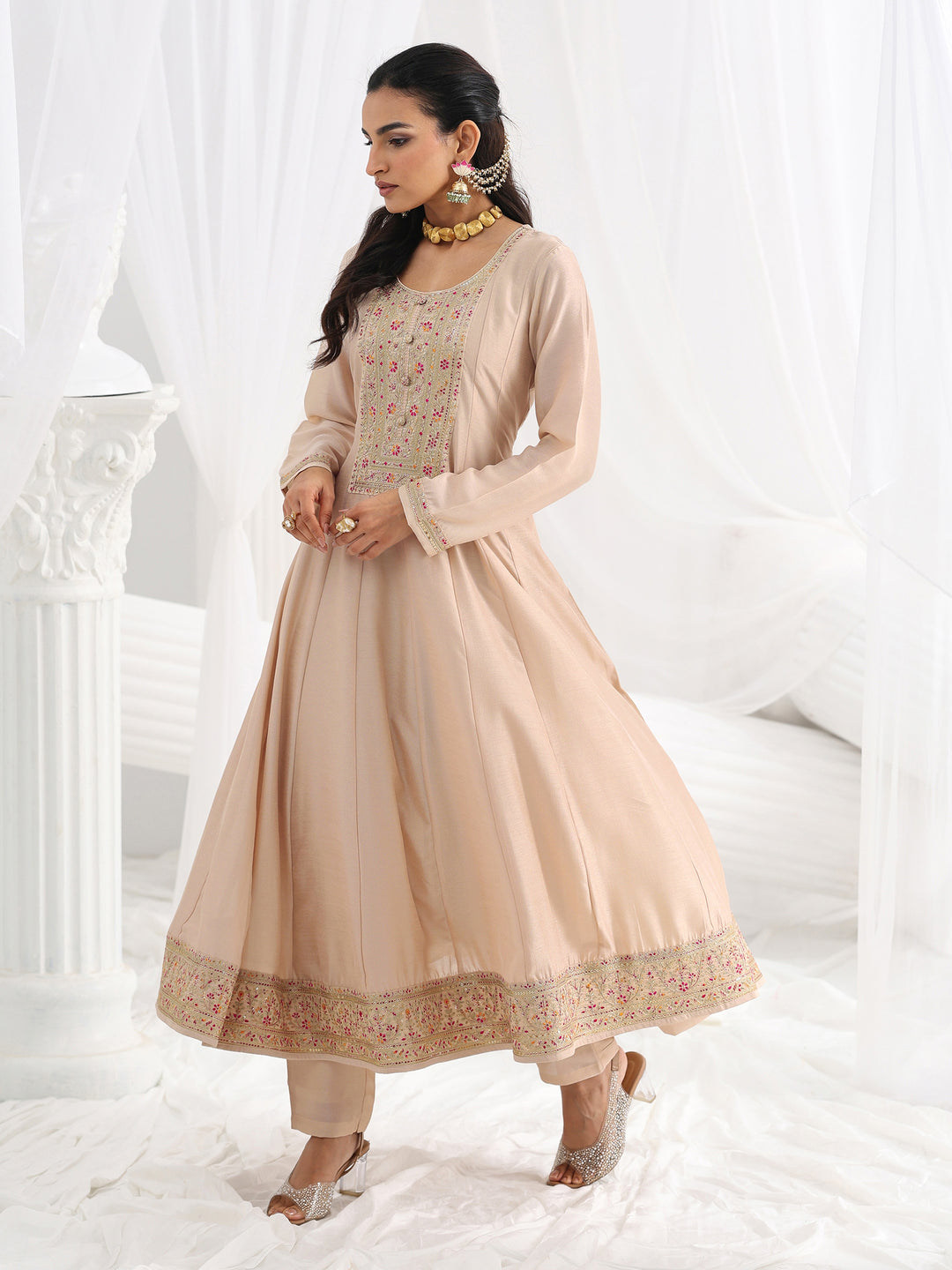 Off White Embroidered Silk Blend A-Line Suit Set With Dupatta