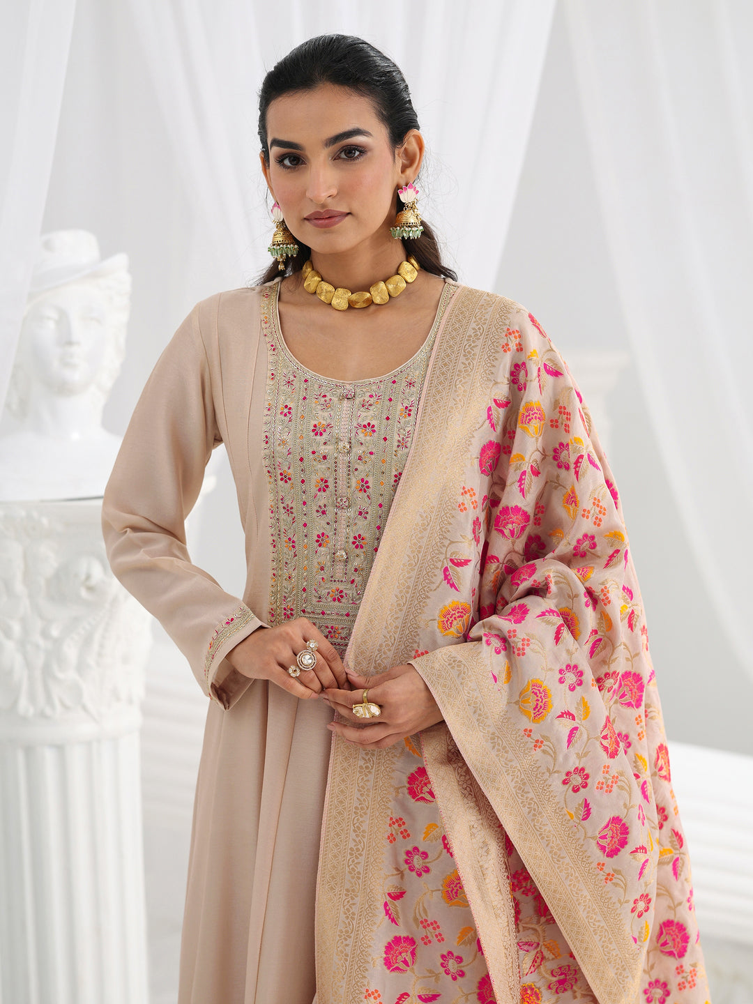 Off White Embroidered Silk Blend A-Line Suit Set With Dupatta