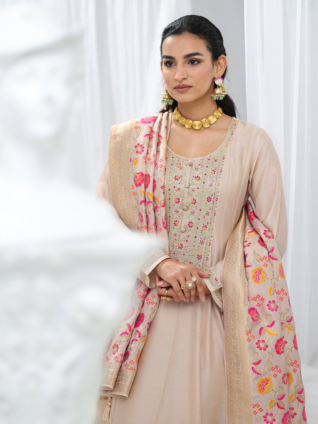 Off White Embroidered Silk Blend A-Line Suit Set With Dupatta