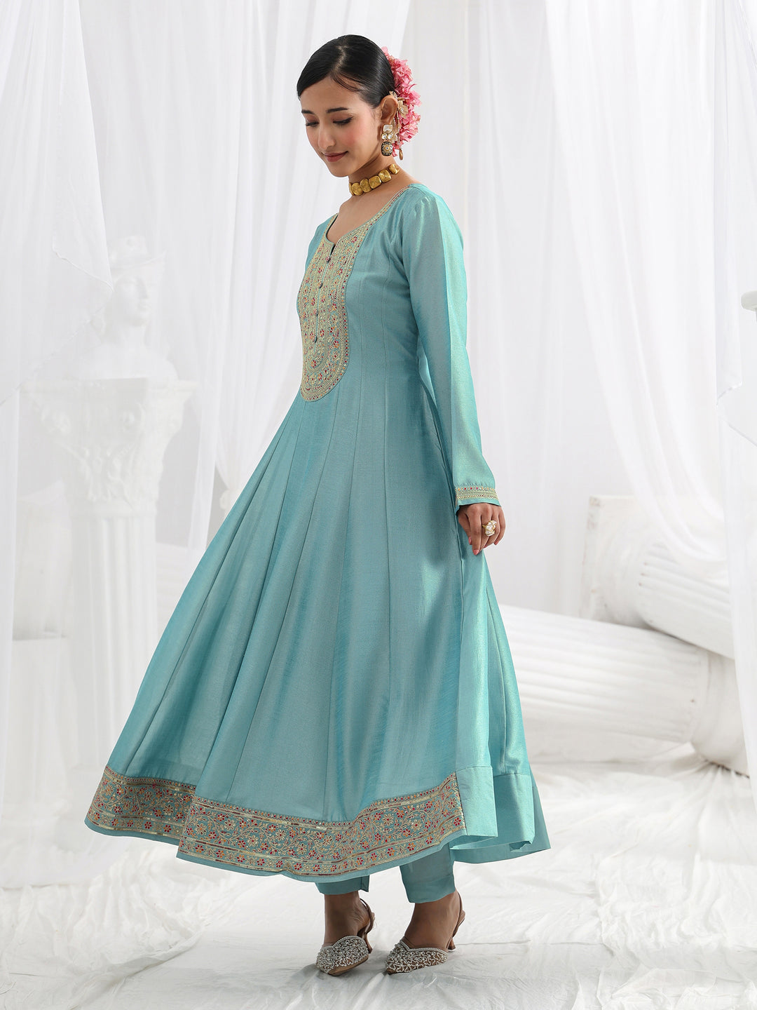 Blue Embroidered Silk Blend A-Line Suit Set With Dupatta