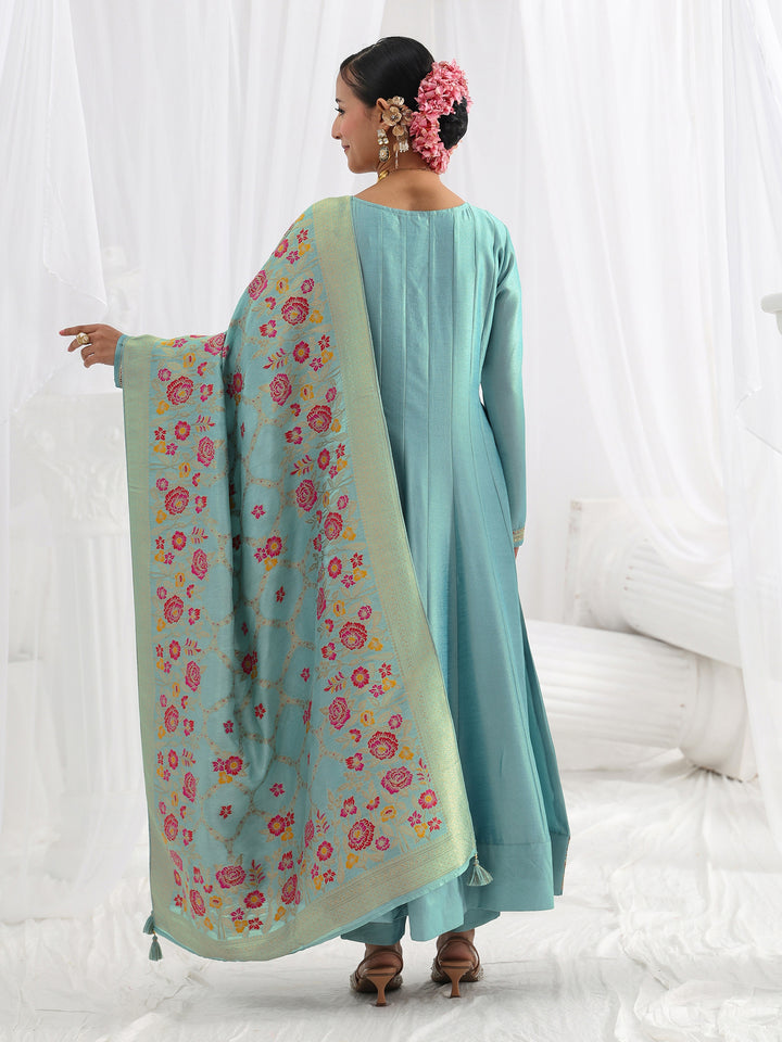 Blue Embroidered Silk Blend A-Line Suit Set With Dupatta