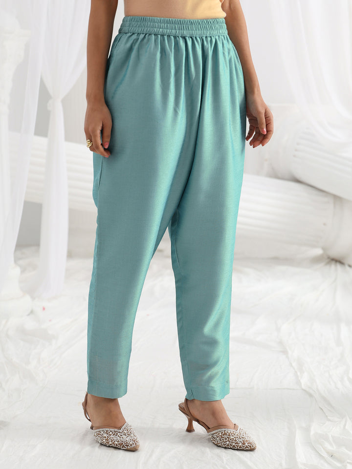 Blue Embroidered Silk Blend A-Line Suit Set With Dupatta