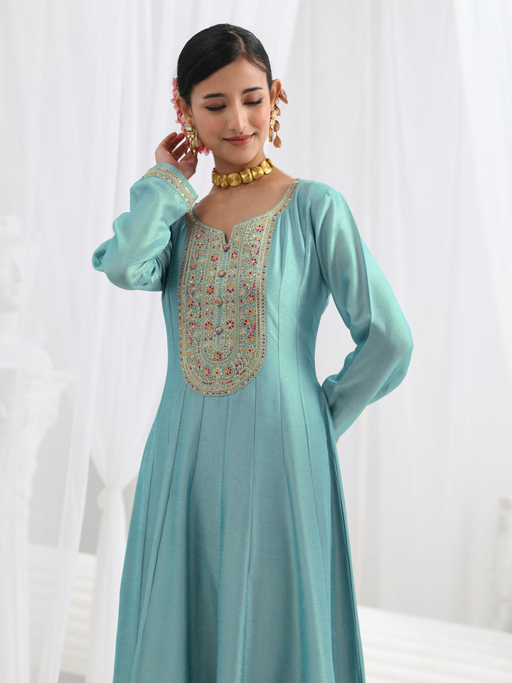 Blue Embroidered Silk Blend A-Line Suit Set With Dupatta