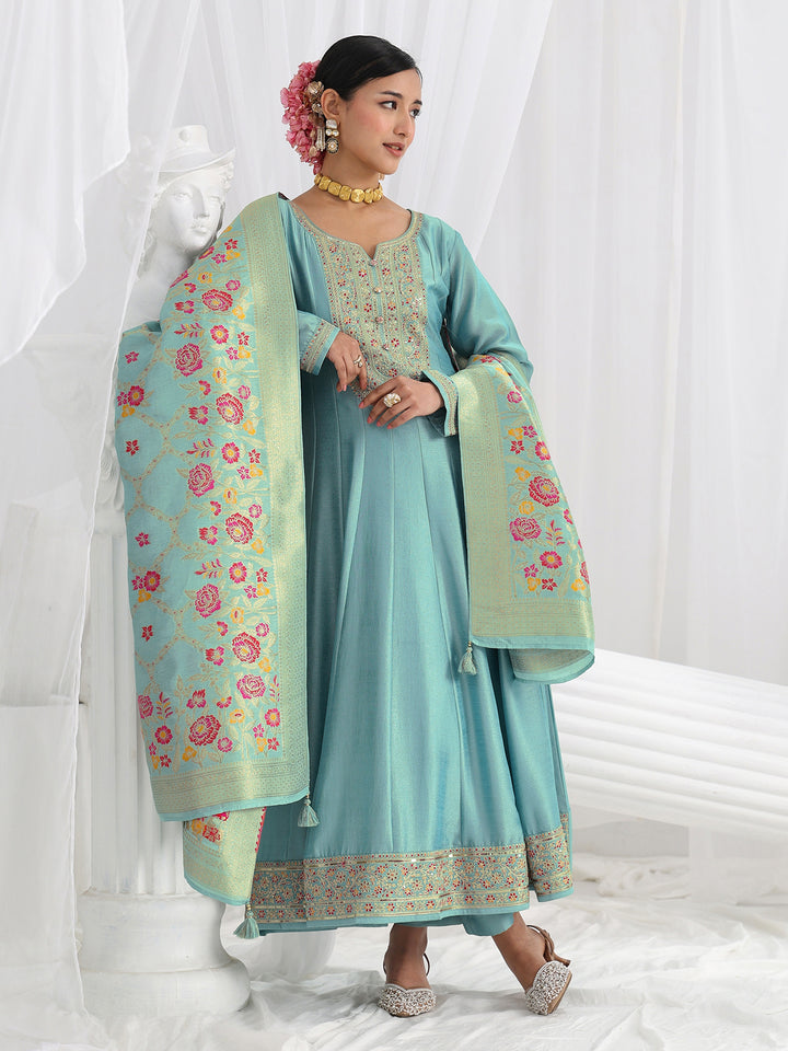 Blue Embroidered Silk Blend A-Line Suit Set With Dupatta