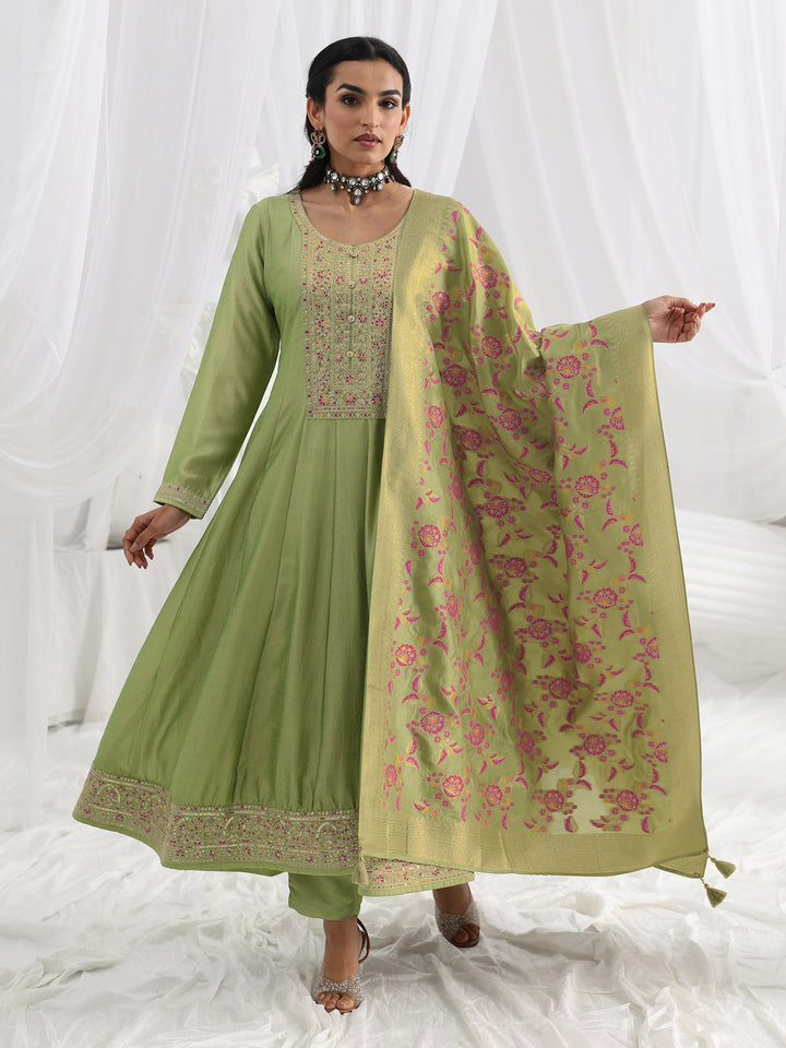 Green Embroidered Silk Blend A-Line Suit Set With Dupatta