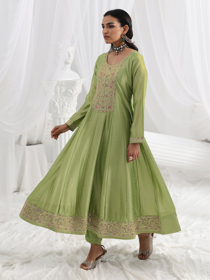 Green Embroidered Silk Blend A-Line Suit Set With Dupatta