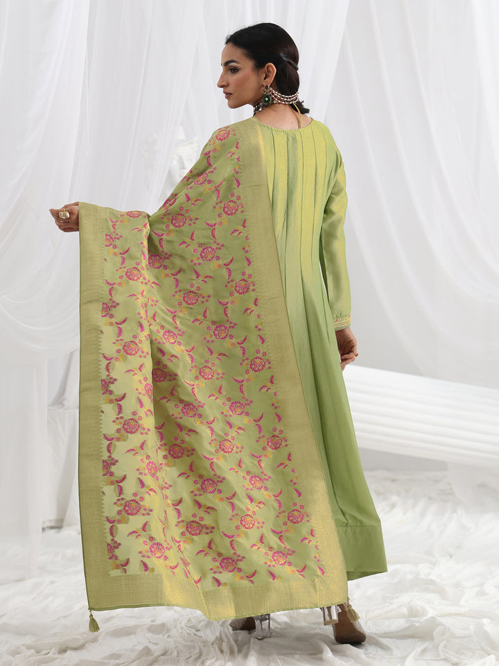 Green Embroidered Silk Blend A-Line Suit Set With Dupatta