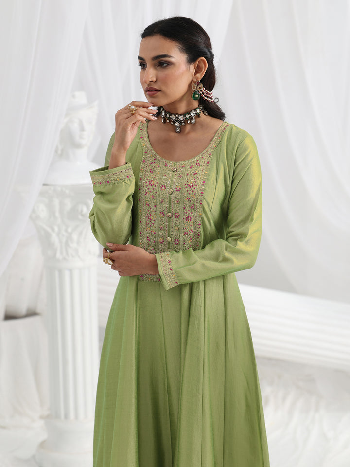 Green Embroidered Silk Blend A-Line Suit Set With Dupatta