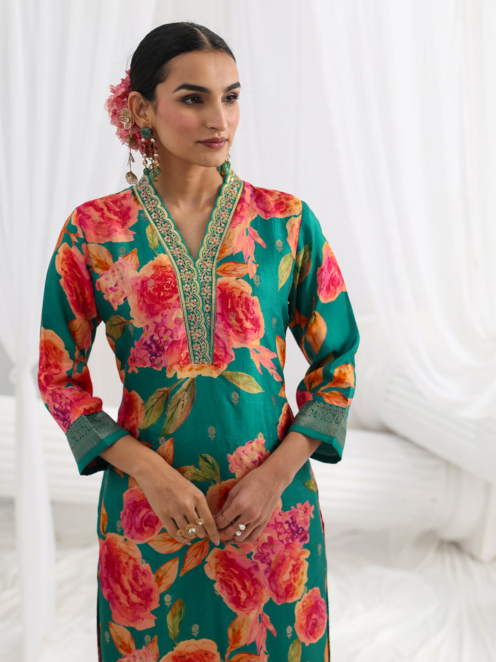 Green Printed Silk Blend Straight Suit Set With Dupatta