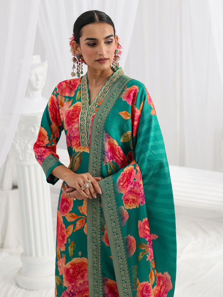 Green Printed Silk Blend Straight Suit Set With Dupatta