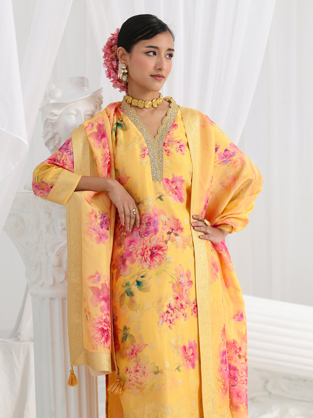 Yellow Printed Silk Blend Straight Suit Set With Dupatta