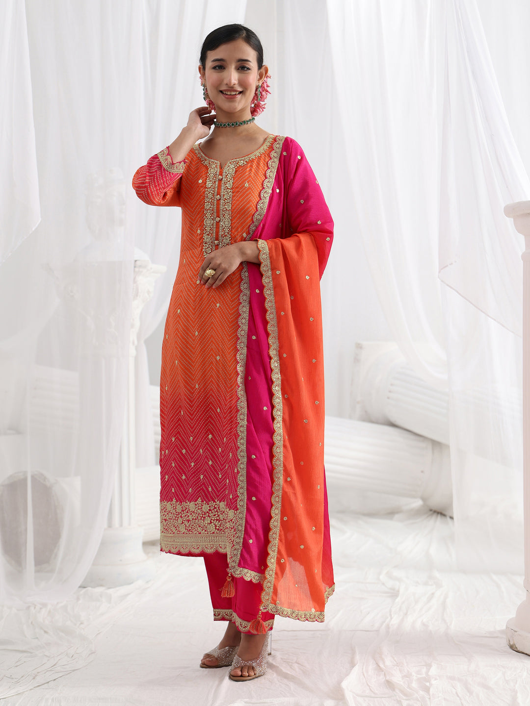 Orange Printed Chinon Straight Suit Set With Dupatta