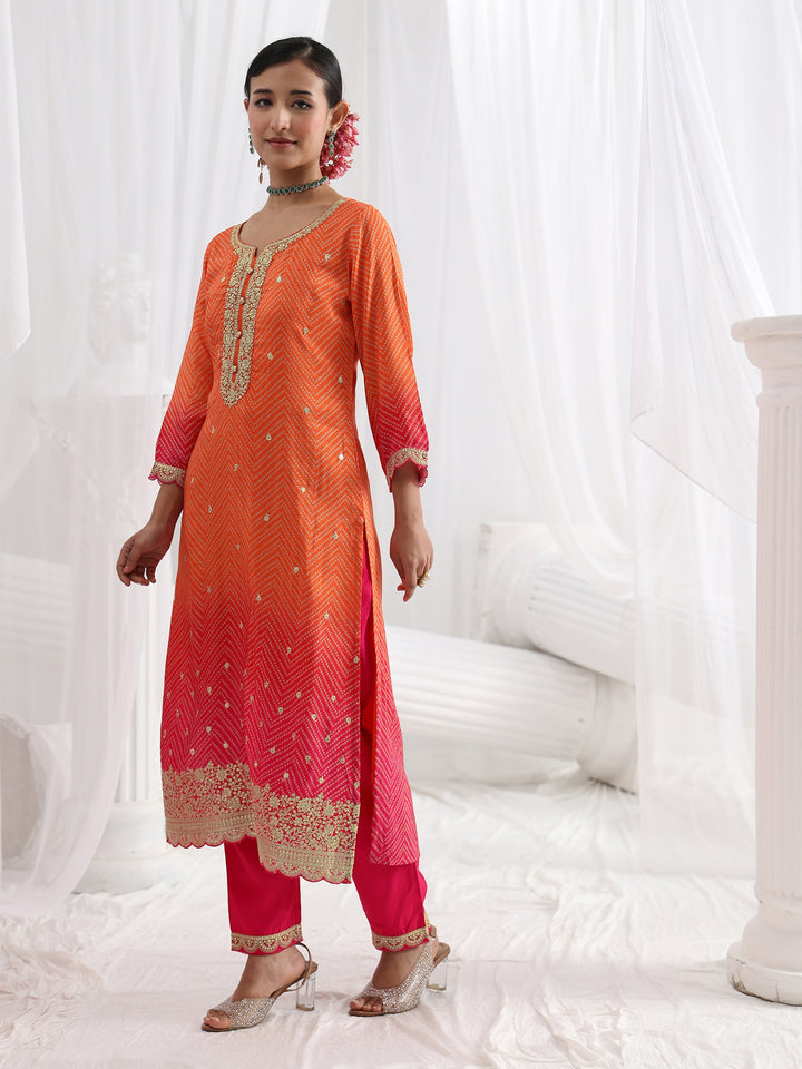 Orange Printed Chinon Straight Suit Set With Dupatta