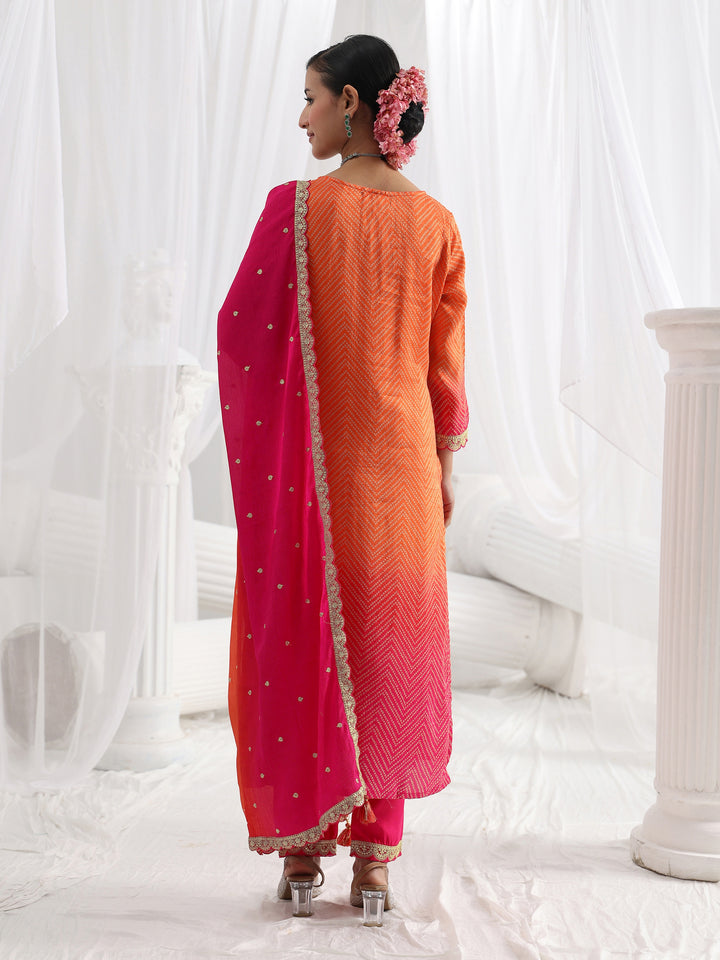 Orange Printed Chinon Straight Suit Set With Dupatta