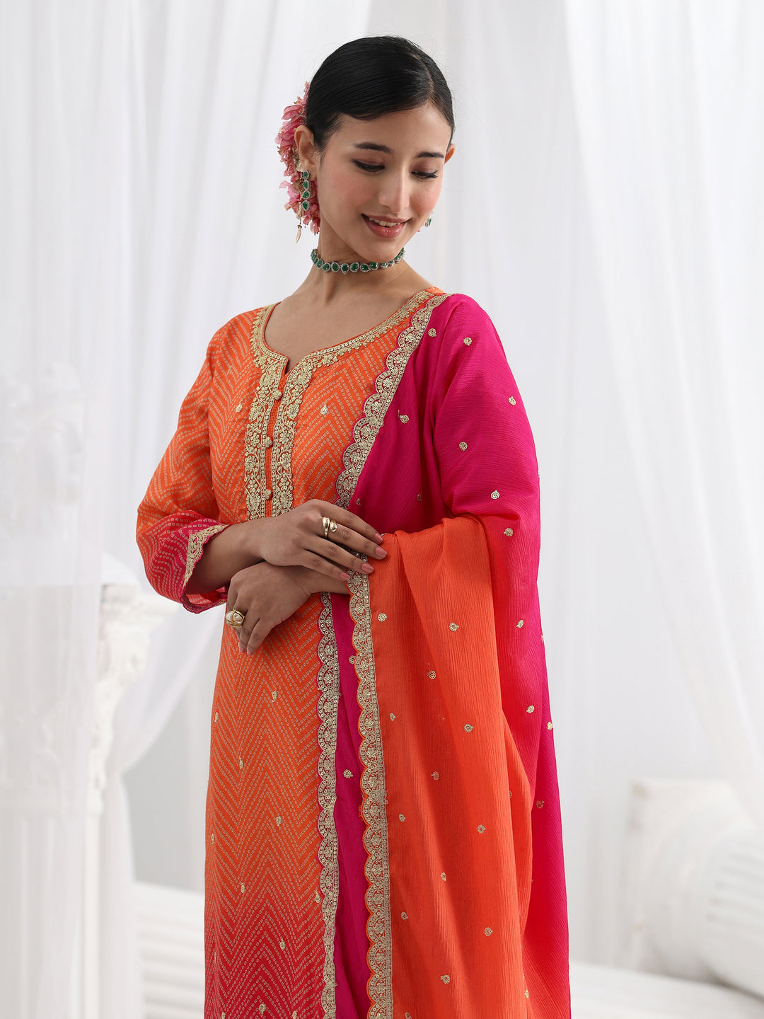 Orange Printed Chinon Straight Suit Set With Dupatta