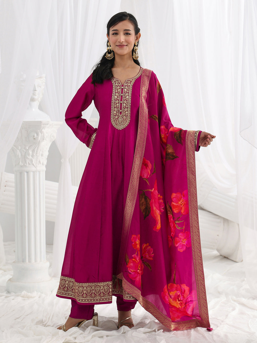 Burgundy Embroidered Silk Blend A-Line Suit Set With Dupatta