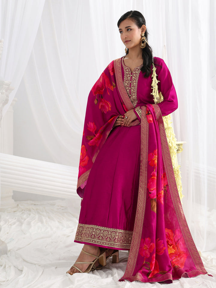 Burgundy Embroidered Silk Blend A-Line Suit Set With Dupatta
