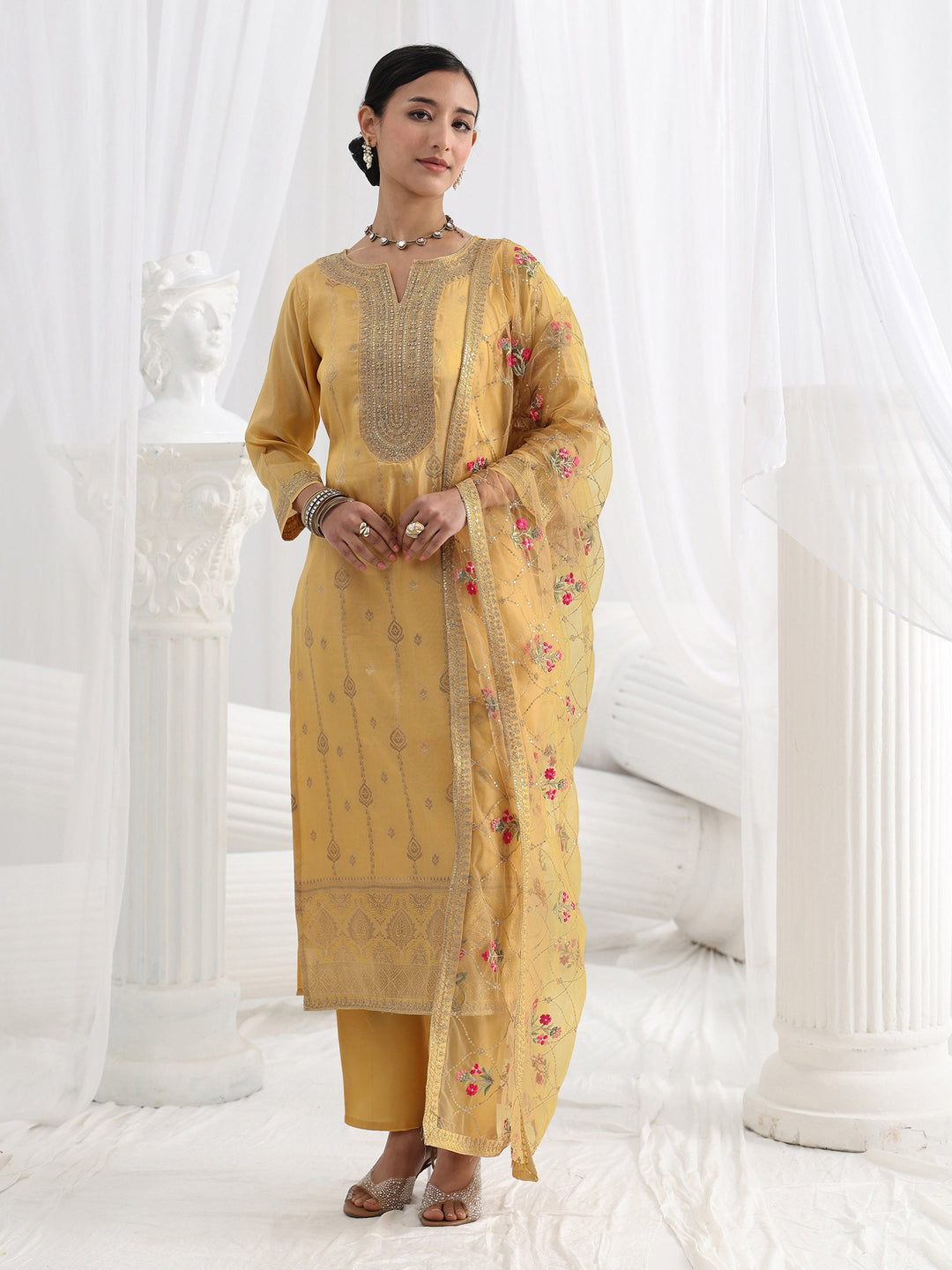Mustard Woven Design Silk Blend Straight Suit Set With Dupatta