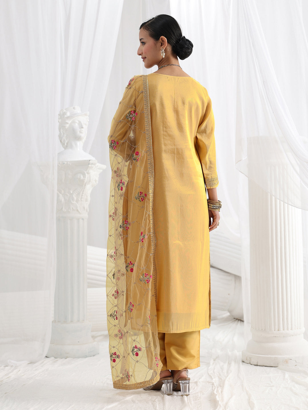 Mustard Woven Design Silk Blend Straight Suit Set With Dupatta